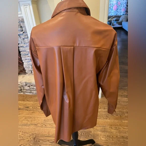 Zara Carmel brown faux leather shirt long sleeved M - Picture 2 of 5